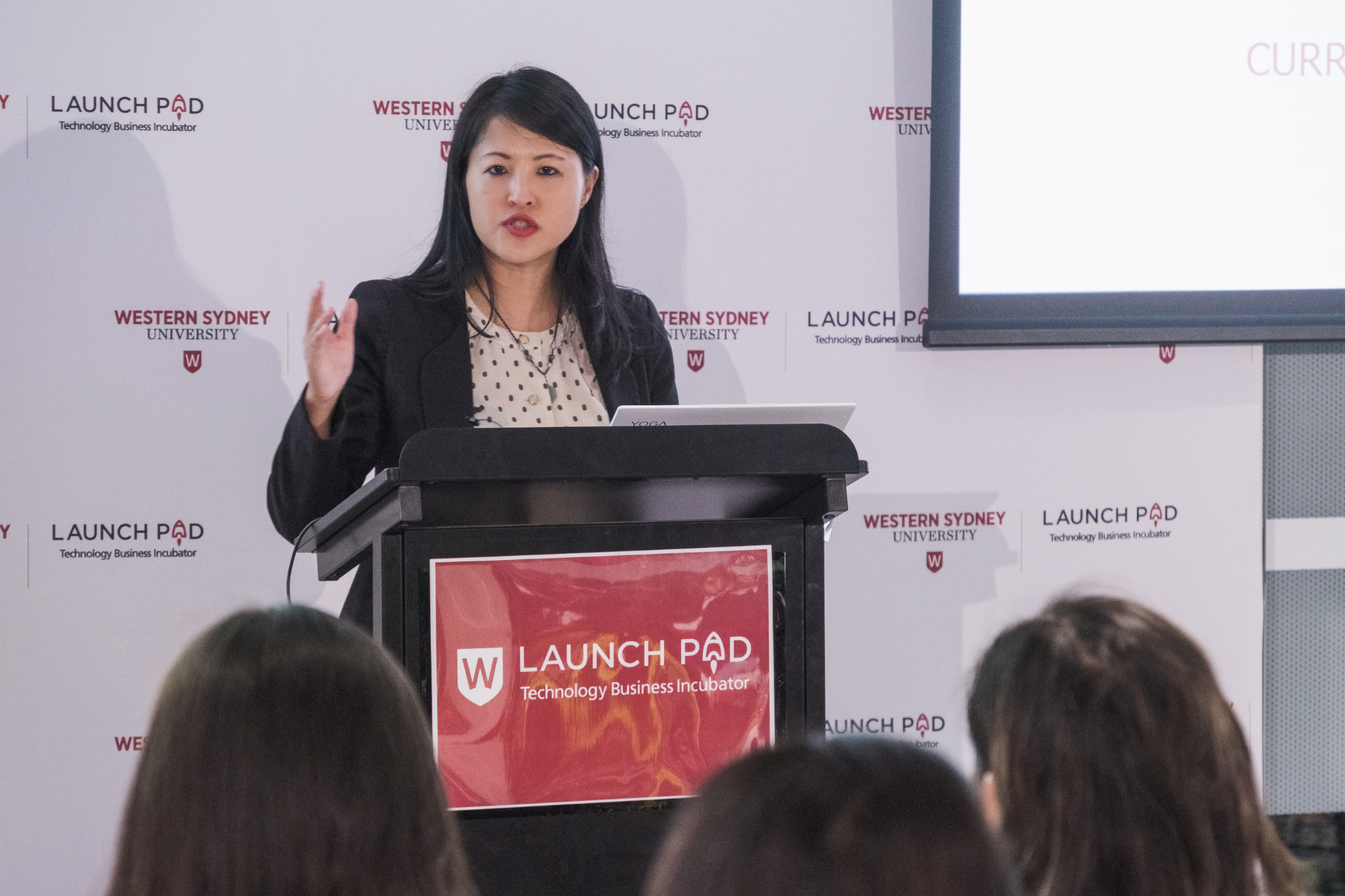 Lucy Lin speaking at a Western Sydney University Launch Pad event