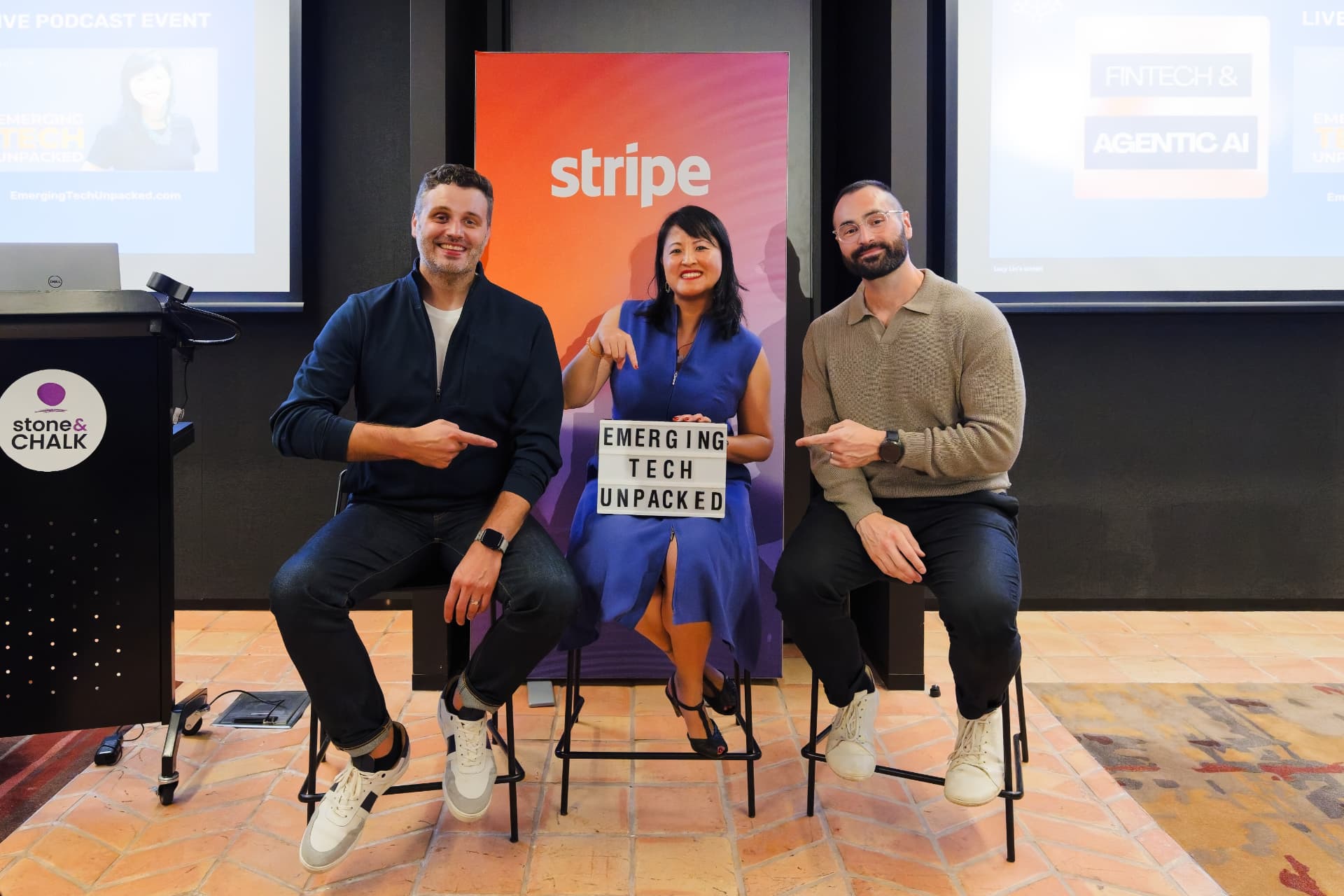 Lucy Lin hosting the Emerging Tech Unpacked live podcast at Stripe